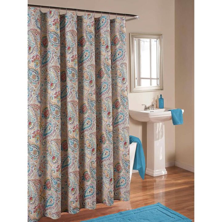 Hivvago 72-in. Paisley Polyester Fabric Shower Curtain in Vibrant Teal Red Yellow White