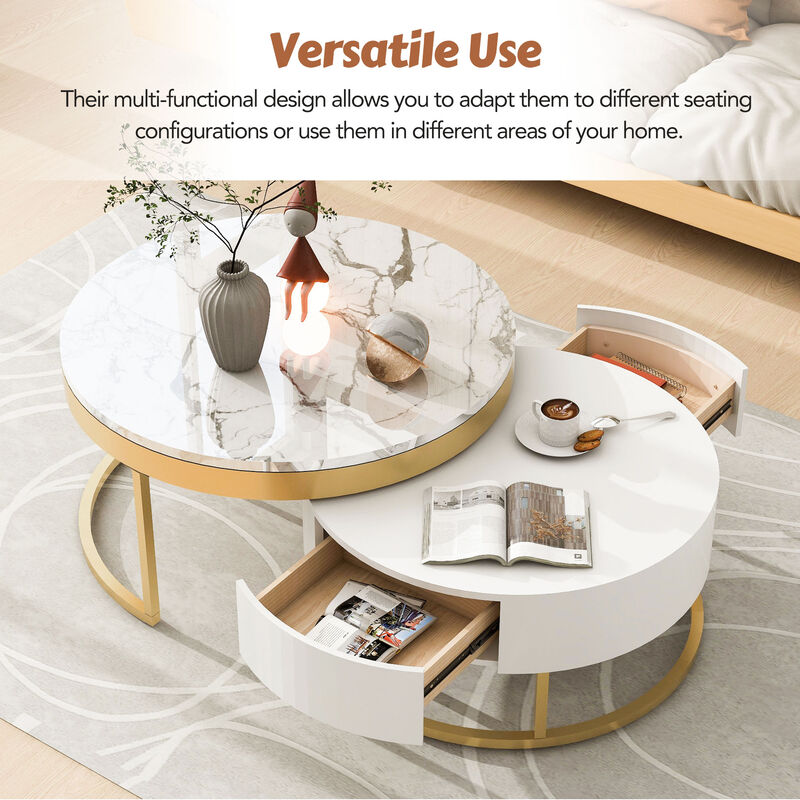 Merax Modern Round Nesting Coffee Table with Drawers image number 2