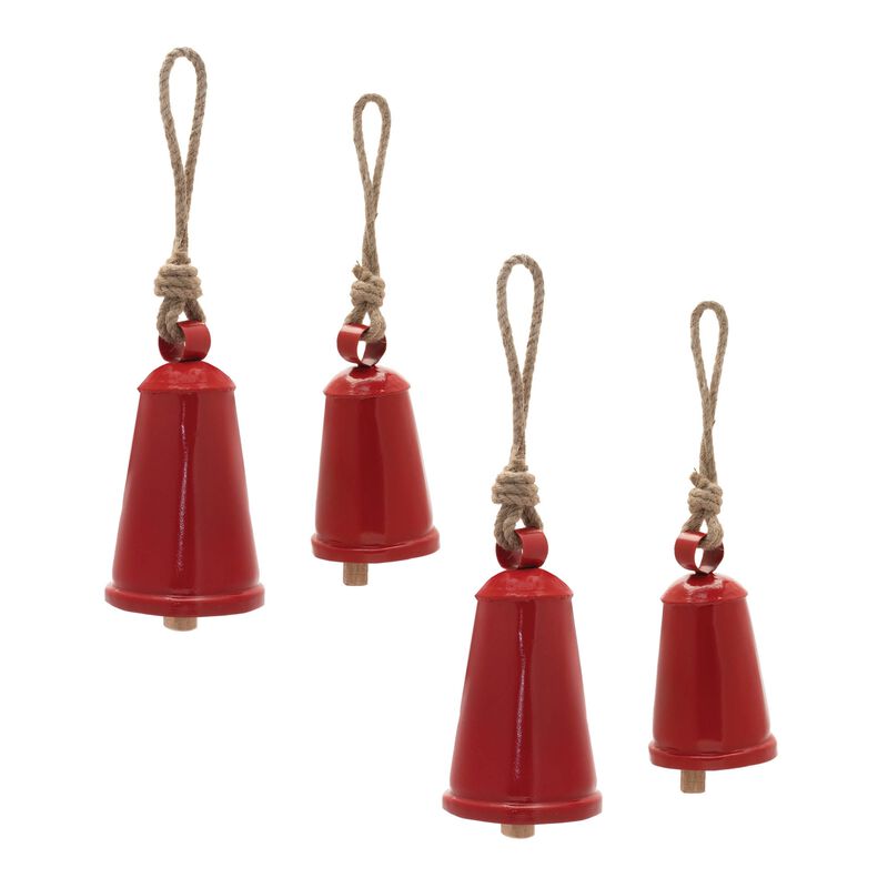 4-Piece Metal Bell Ornament Set with Rustic Finish for Holiday Home Styling
