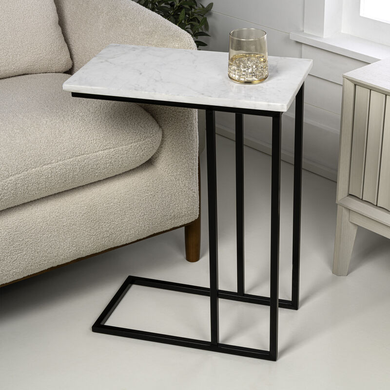 Caius 24.25" Designer Industrial Metal C-Shaped End Table and Side Couch Table with White Marble Top
