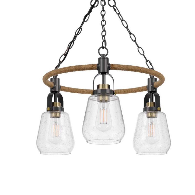 3 Light Chandelier, Rope Accents, Bubble Glass Bulbs, Black Metal 28 Inch image number 6