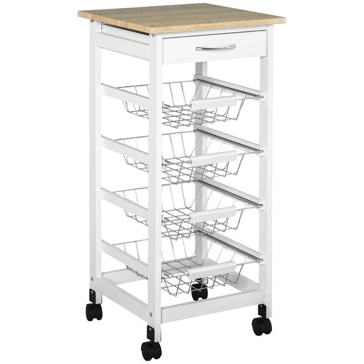 Compact Kitchen Cart, Rolling Kitchen Island with Storage, Solid Wood Frame Utility Cart with 4 Wire Fruit Baskets and Drawer, White