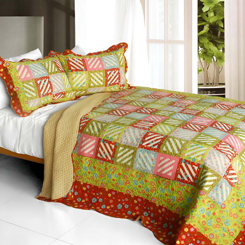 3 Piece Queen Size Cotton Quilt Set with Vermicelli Quilted Print Design-Green image number 0