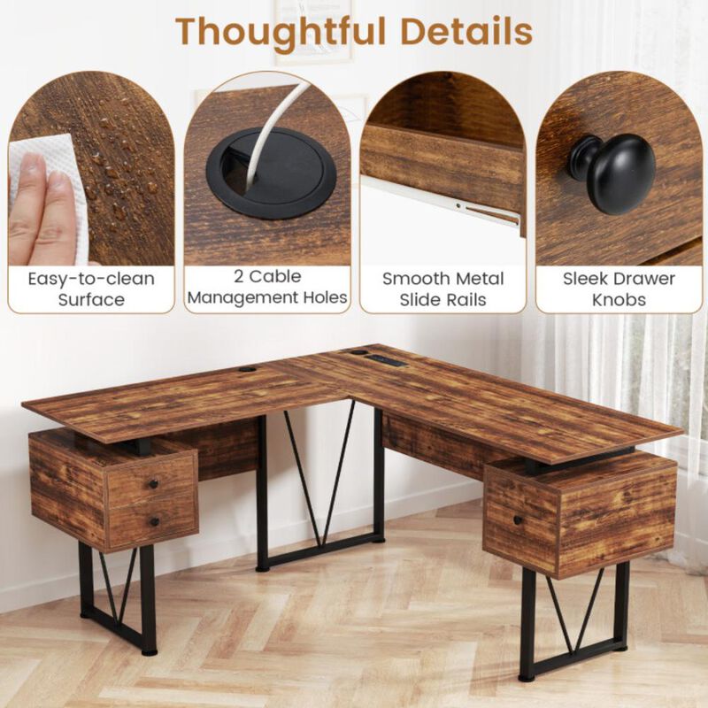 Hivvago L-shaped Computer Desk with Power Outlets and 3 Storage Drawers