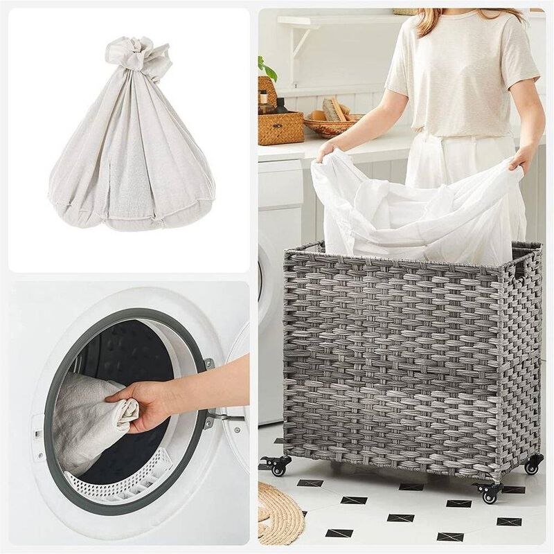 Handwoven PP Rattan 3-Bag Laundry Basket Cart with Cotton Liner on Wheels image number 2