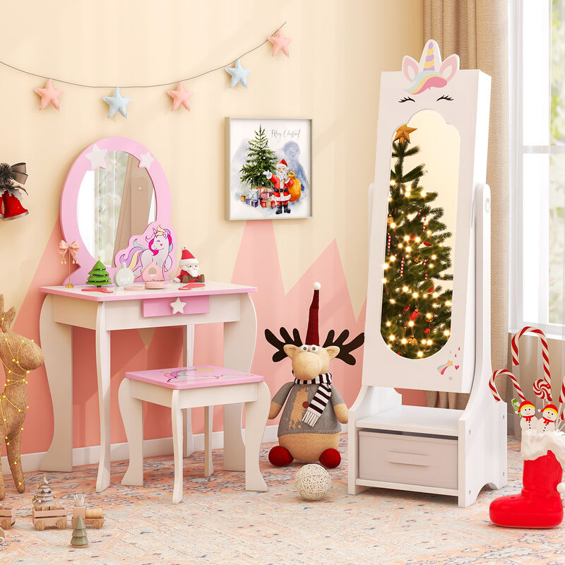 Princess Vanity Table and Stool Set for Kids with Mirror and Jewelry Storage image number 1