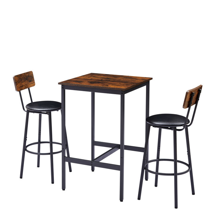 Bar Table Set with 2 Bar stools PU Soft seat with backrest, Rustic Brown, 23.62" W x 23.62" D x 35.43" H