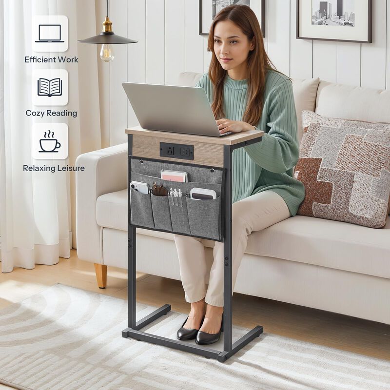 HOOBRO C Shaped End Table with Charging Station, 28"" Tall Couch Table for Couch and Recliner for Small Spaces, Slide Under Sofa