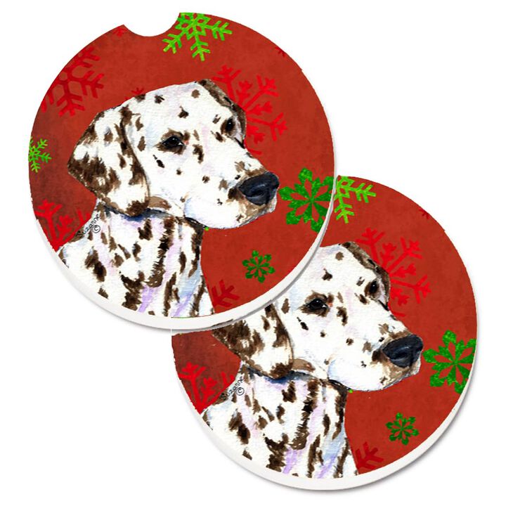 Caroline's Treasures Dalmatian Red & green Snowflakes Holiday Christmas Set of 2 Cup Holder Car Coasters SS4676CARC, 2.56, Multicolor