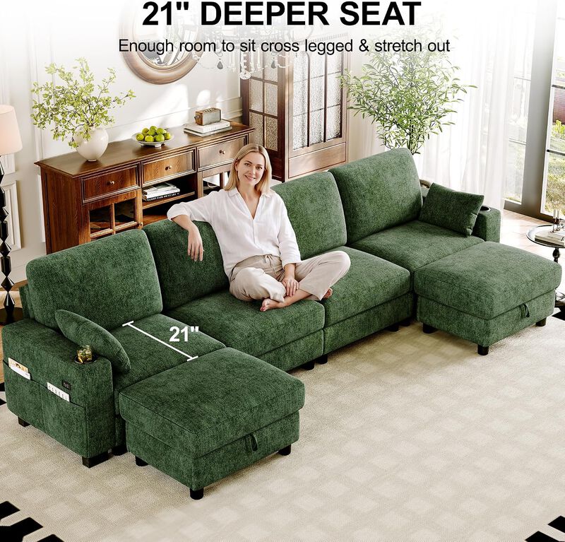 Vipbear 128" Modular Sectional Sofa, Chenille U Shaped Cloud Couch with Ottoman Adjustable Backrest image number 4