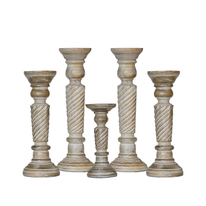 Traditional Gray Wash Eco-friendly Handmade Mango Wood Set Of Five 15",12",9",12" & 15" Pillar Candle Holder BBH