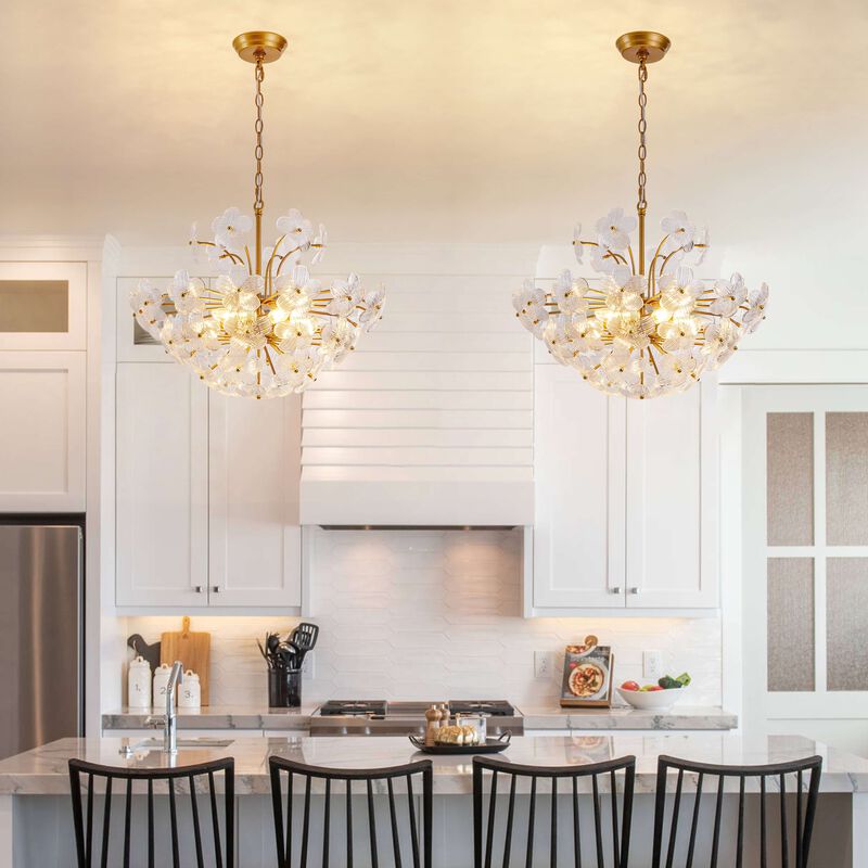Rosa Modern 6-Light 22.4" Glam Ribbed Glass Flower Chandelier - Low-gloss Brushed Brass Finish image number 4