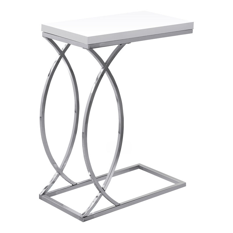 Monarch Specialties I 3184 Accent Table, C-shaped, End, Side, Snack, Living Room, Bedroom, Metal, Laminate, Glossy White, Chrome, Contemporary, Modern
