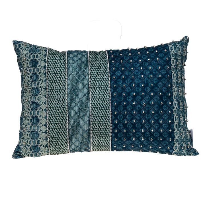 20" Green and Blue Embroidered Rectangular Throw Pillow
