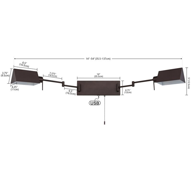 Arlo 54" 2-Light Farmhouse Industrial Double Swing Arm Iron LED Wall Sconce with Pull-Chain USB Charging Port