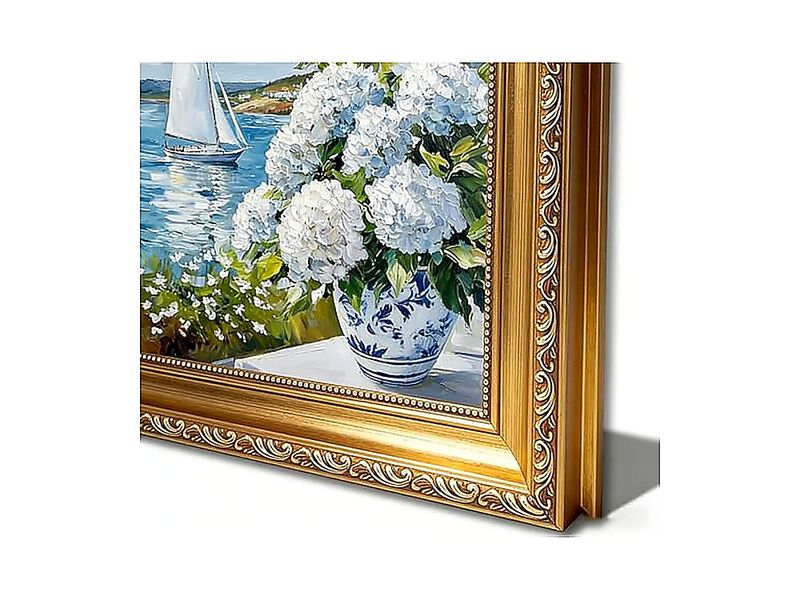 Gold Framed 3D Texture Coastal Canvas Wall Art White Hydrangea Sailboat Poster image number 3