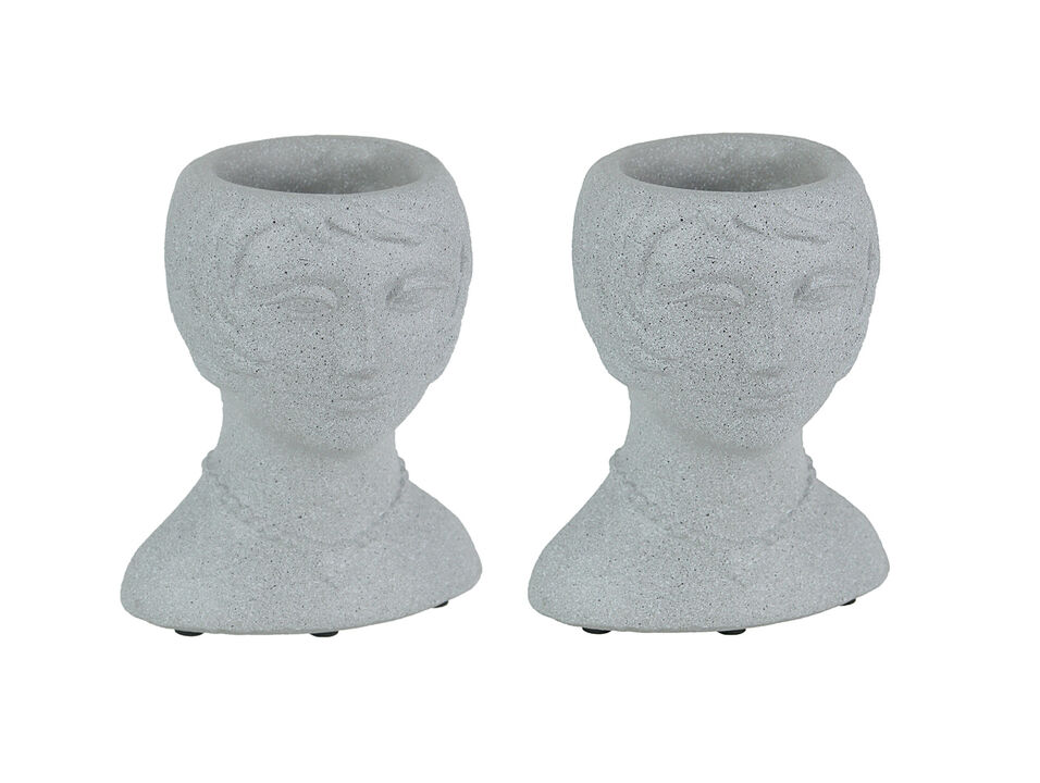Set of 2 Roaring 20's Flapper Lady Gray Concrete Head Mini Planter 6 Inches Tall
