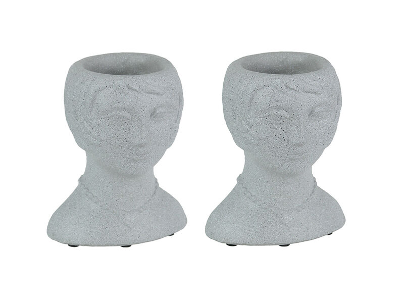 Set of 2 Roaring 20's Flapper Lady Gray Concrete Head Mini Planter 6 Inches Tall image number 0