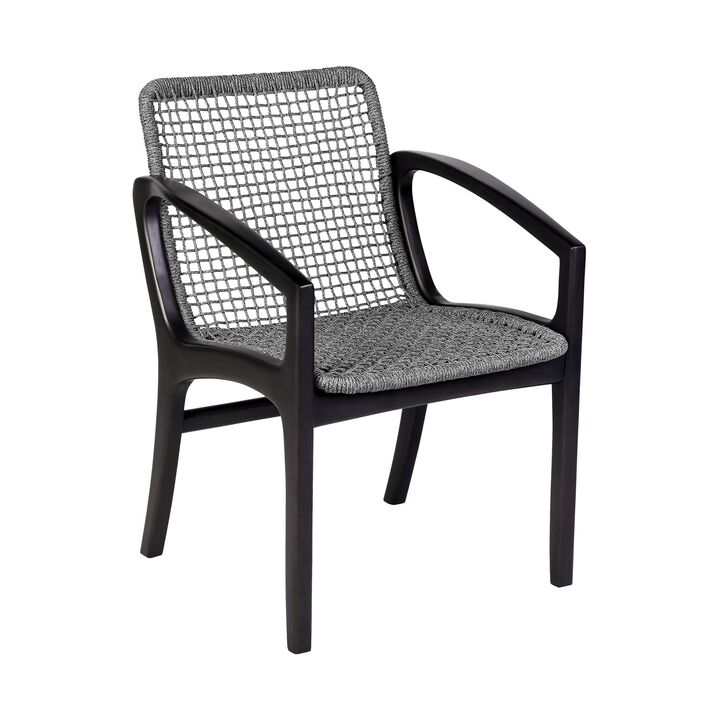 Tira 25 Inch Outdoor Patio Dining Chair, Black Eucalyptus Frame, Woven Rope - Benzara