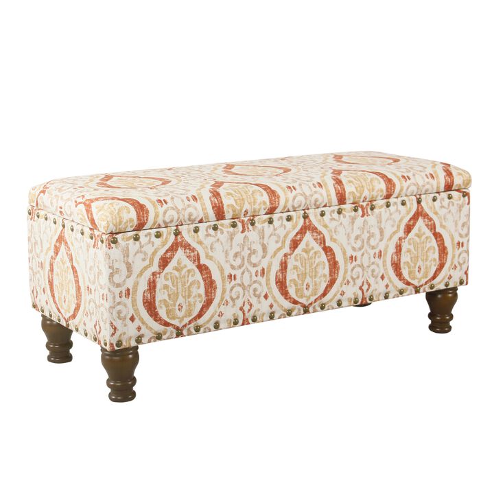 Ava Storage Accent Bench, 42 Inch Orange and Cream Medallion Design