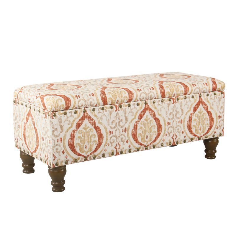 Ava Storage Accent Bench, 42 Inch Orange and Cream Medallion Design image number 0
