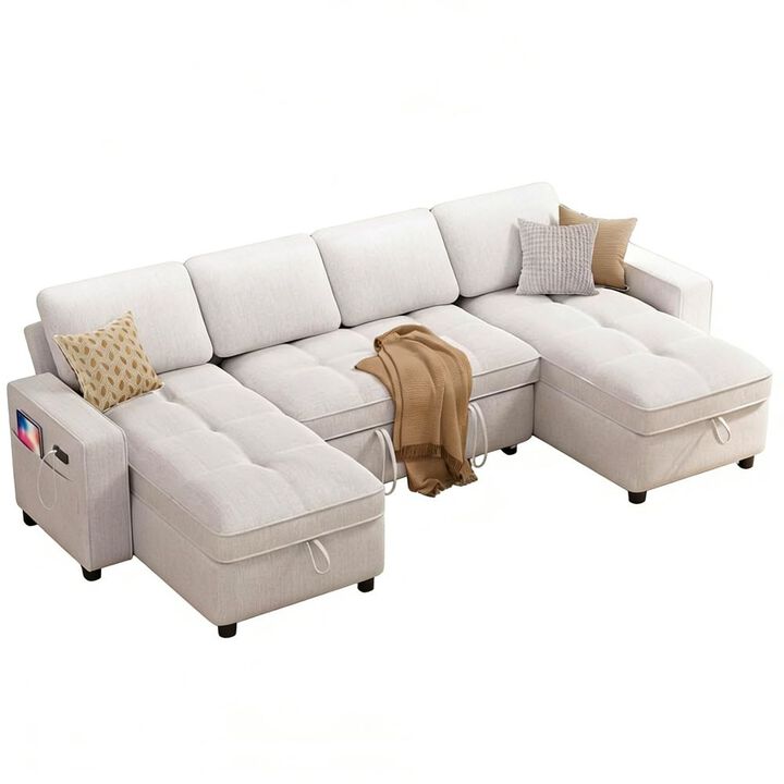 105" U-Shaped Sleeper Sofa Bed, Chenille Pull Out Couch with Reversible Storage Chaise, 5-Position