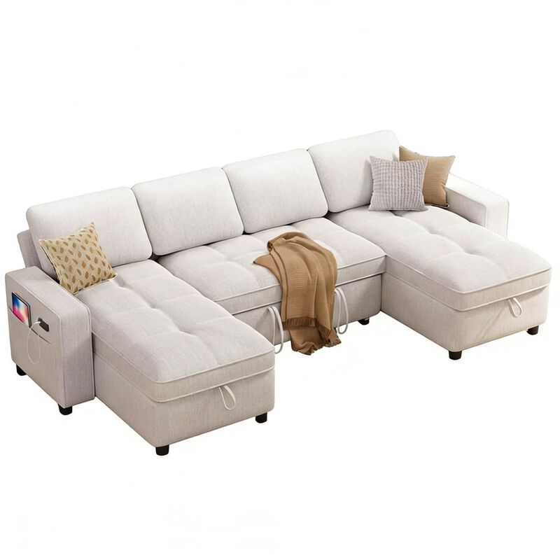 105" U-Shaped Sleeper Sofa Bed, Chenille Pull Out Couch with Reversible Storage Chaise, 5-Position image number 0