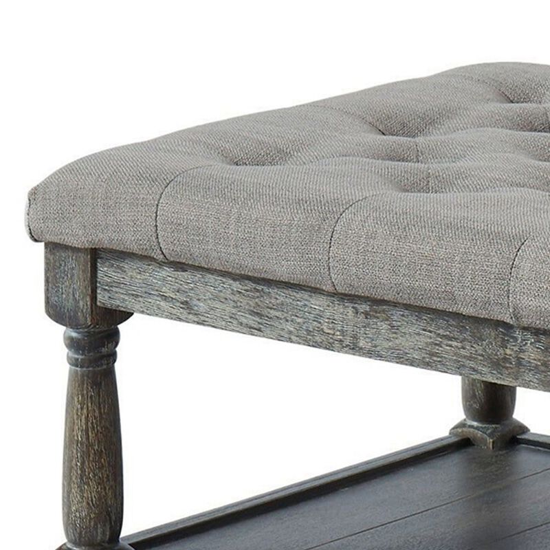Fabric Upholstered Bench with Button Tufted Seat and Bottom shelf, Gray-Benzara