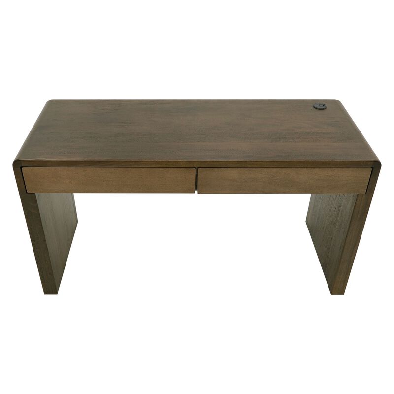 Esis Writing Desk, 2 Drawers, USB Ports, Dark Brown Mango Wood 60 Inch - Benzara