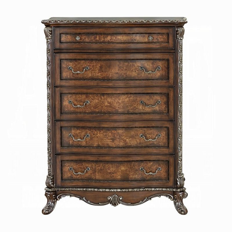 Vany Tall Dresser Chest, Traditional Floral Trim, Cherry Brown  - Benzara