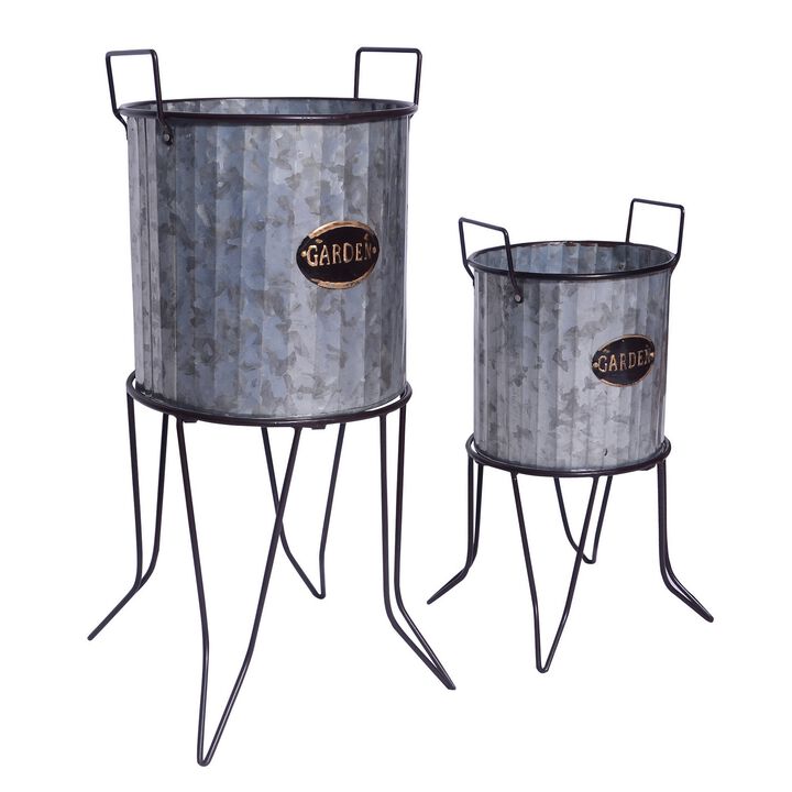 Galvanized Plant Stand with Corrugated Design and Metal Frame, Set of 2, Metallic Gray-Benzara