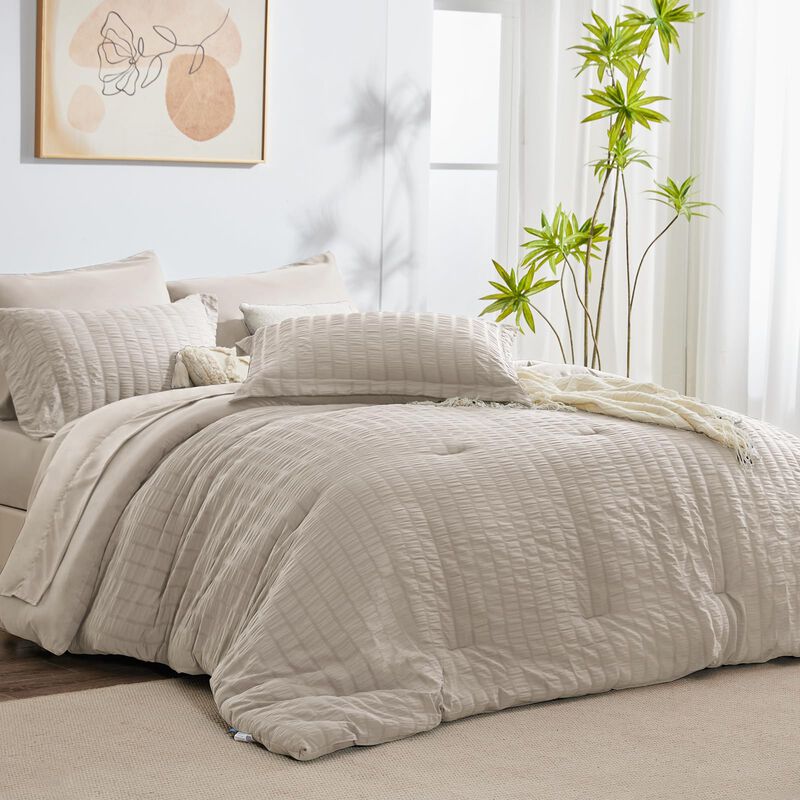 CozyLux Queen Seersucker Comforter Set with Sheets Beige Bed in a Bag 7-Pieces All Season Bedding Sets with Comforter, Pillow Sh