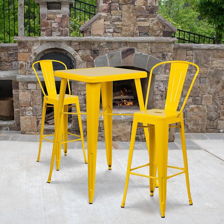 Flash Furniture Commercial Grade 23.75" Square Yellow Metal Indoor-Outdoor Bar Table Set with 2 Stools with Backs