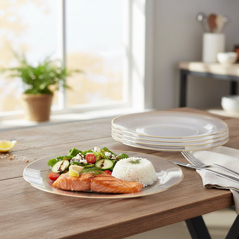 7.5" Clear with Gold Rim Organic Round Plastic Salad Plates (120 Plates) image number 1