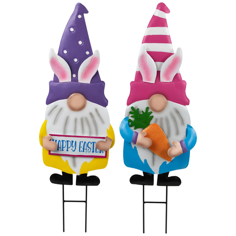 Gnomes with Bunny Ears Easter Outdoor Garden Stakes - 27" - Set of 2