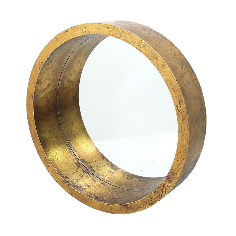 Rustic Style Wall Mirror with Round Tray Shape Frame, Gold and Silver-Benzara