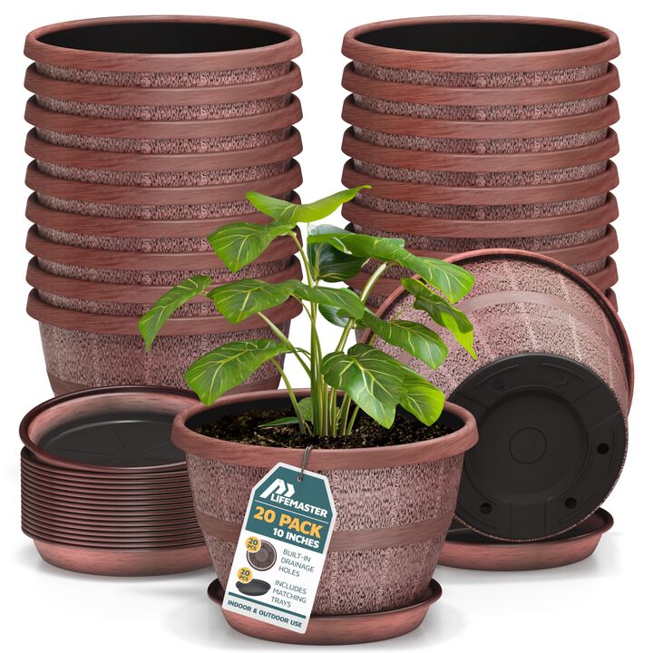 10-Inch Whiskey Barrel Planters Outdoor Pack of 20 - Durable Plastic Plant Pots for Indoor & Outdoor Use with Drainage & Saucer, Lightweight Rustic Barrel Planters for Flowers, Herbs & Small Plants