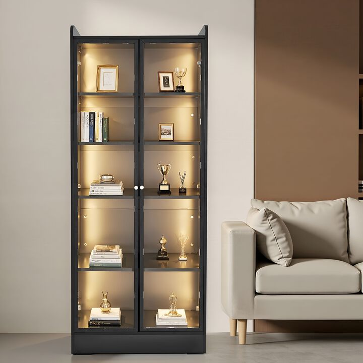 Lighted Display Cabinet with Glass Doors, 5-Tier Curio Bookcase with 2 Adjustable Shelves-Black