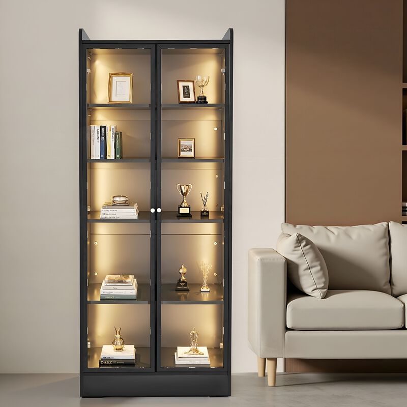 Lighted Display Cabinet with Glass Doors, 5-Tier Curio Bookcase with 2 Adjustable Shelves-Black image number 1