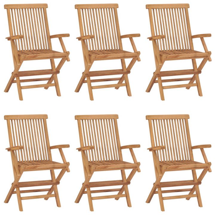 Hina Folding Outdoor ArmSet of 6, Brown Solid Teak Wood, Slatted - Benzara