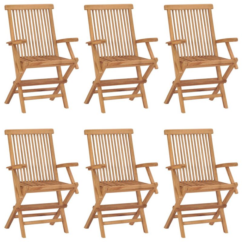 Hina Folding Outdoor ArmSet of 6, Brown Solid Teak Wood, Slatted - Benzara