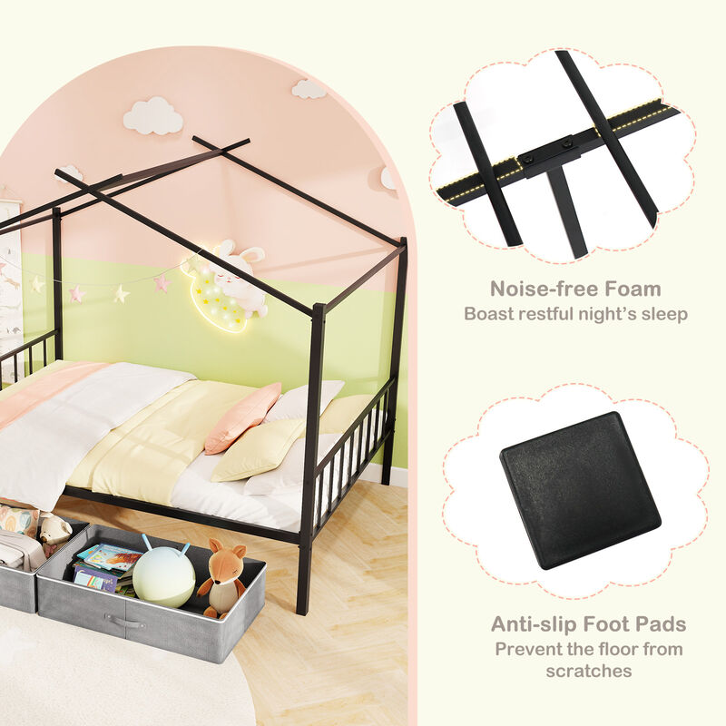 Metal House Bed with 2 Fabric Drawers for Kids, Fun and Functional Bedroom Furniture