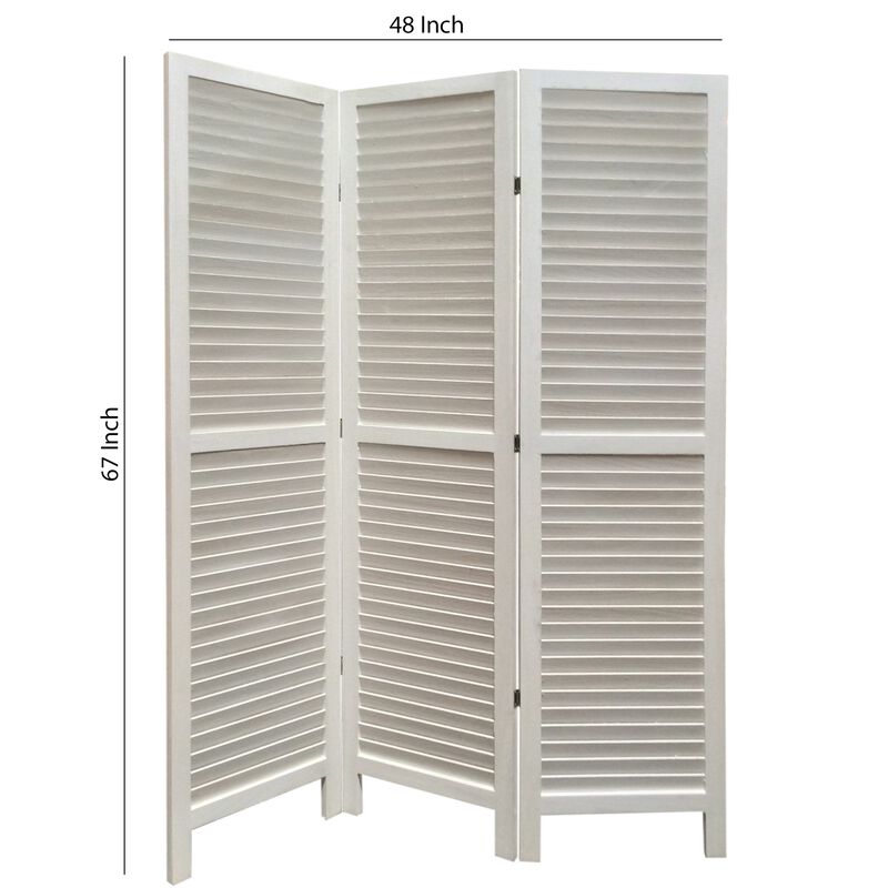 3 Panel Foldable Wooden Shutter Screen with Straight Legs, White-Benzara