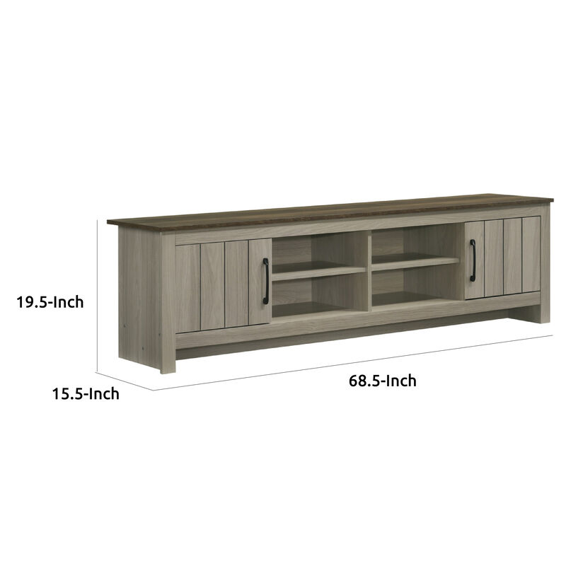 Nena TV Stand Cabinet, 2 Cabinet Doors, Brown Wood Top, Oak Gray - Benzara