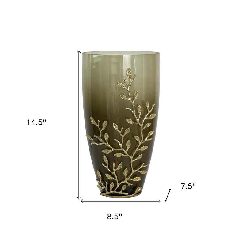 HomeRoots 15" Dark Olive Green And Gold Branch Patterned Glass And Aluminum Table Vase image number 6