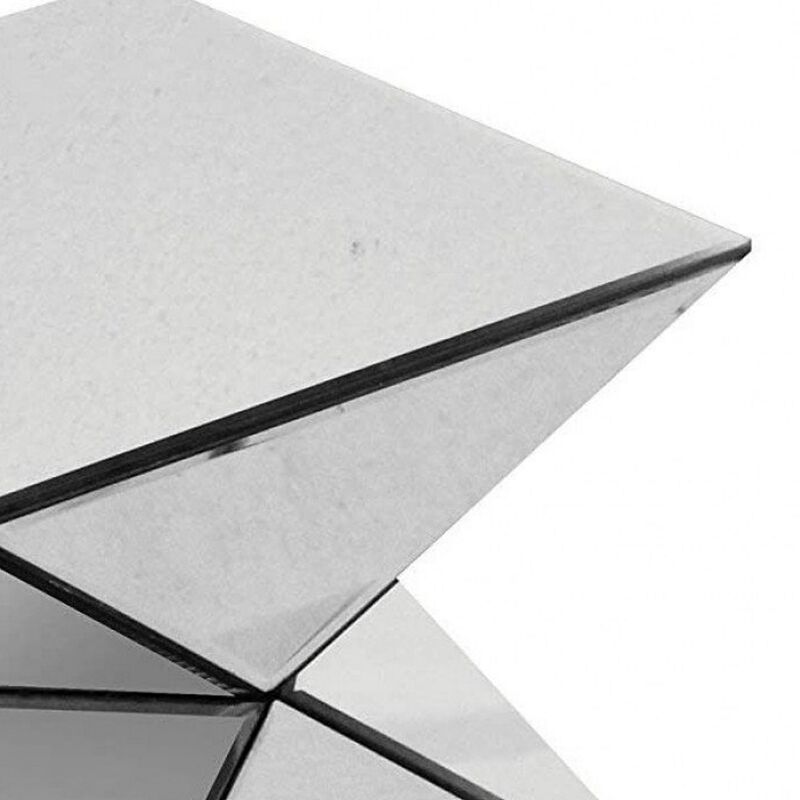 20 Inch Modern End Table, Square Mirror Top, Silver Geometric Pedestal Base-Benzara image number 2