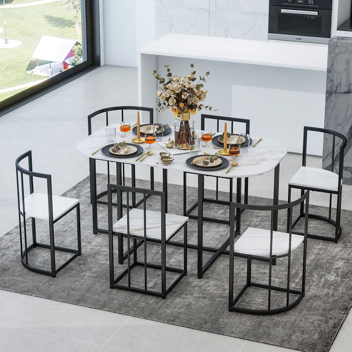 Modern 7-Piece Dining Table Set with Faux Marble Compact 55Inch Kitchen Table Set for 6, Black+White