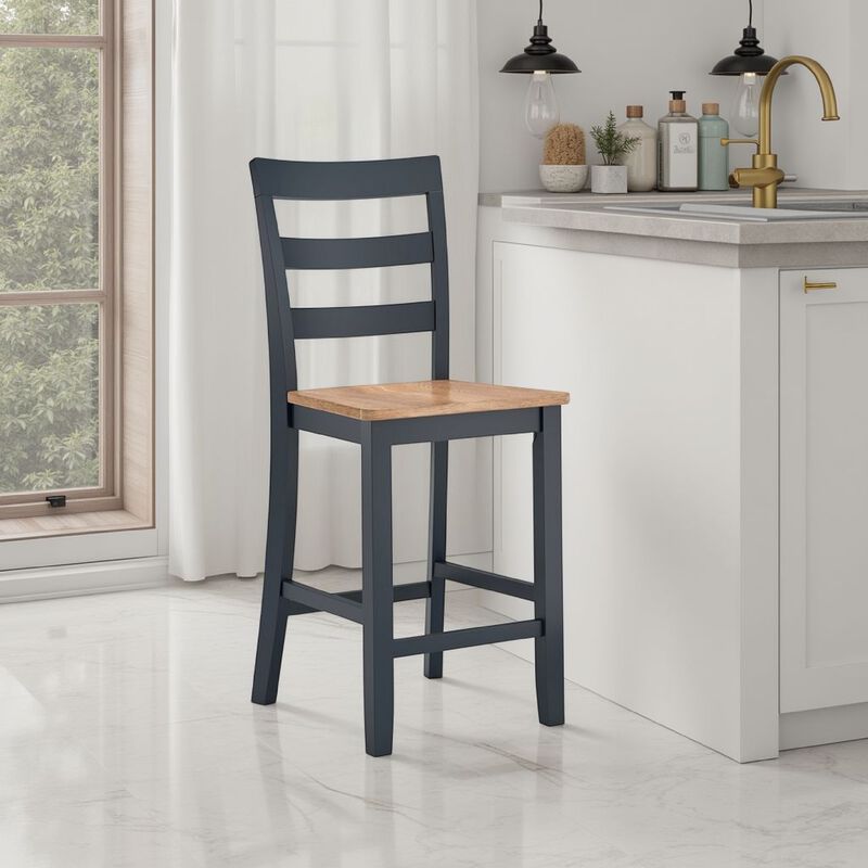 Gasy Counter Height Chair Set of 2, Dark Blue Solid Wood, Brown Seat - Benzara
