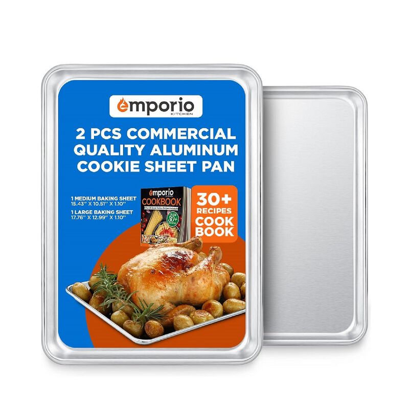 Emporio Kitchen Baking Pan Set - Small and Medium Aluminum Cookie Sheet Pan (9" x 13" and 10.5" x 15"), PFOA, PFOS, PTFE Free, Recipe Booklet Included, Oven Safe Tray, Resist Heat UpTo 500&deg;F, Set of 2