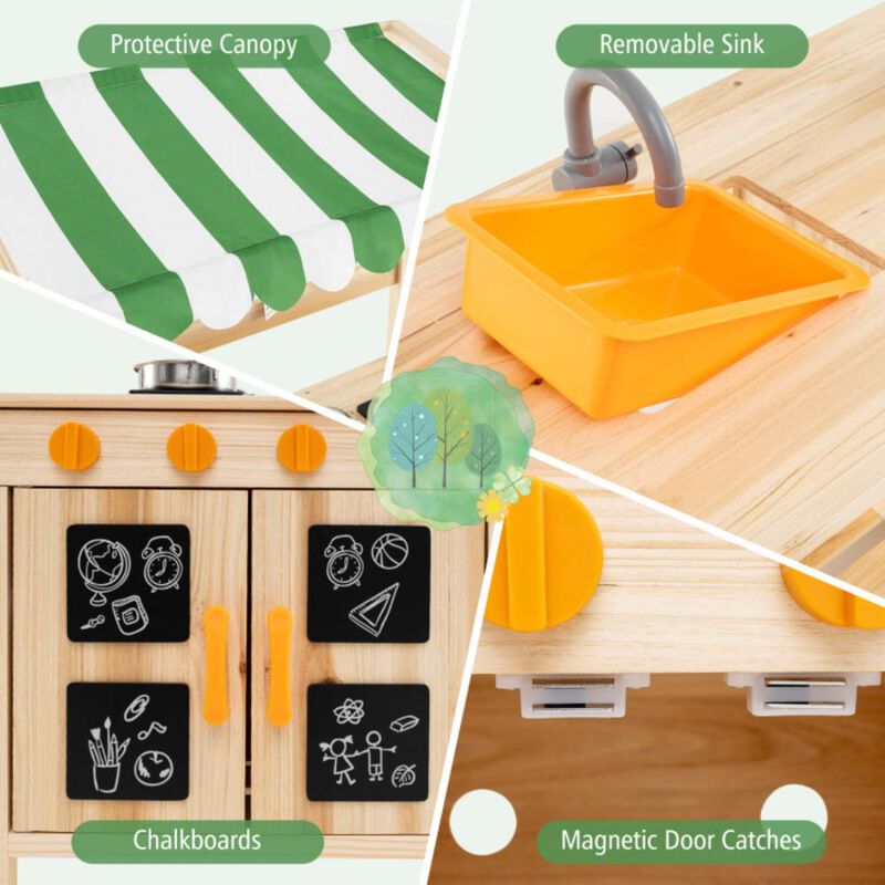 Hivvago Mud Kitchen Fir Wood Play Kitchen with Canopy and Sink and 4 Stoves